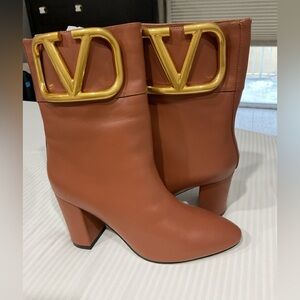 Valentino Women's Tan Heeled Boots with Gold Accent